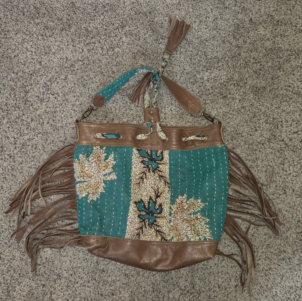 Bohemian Fringe Tote Bag - Teal and Brown